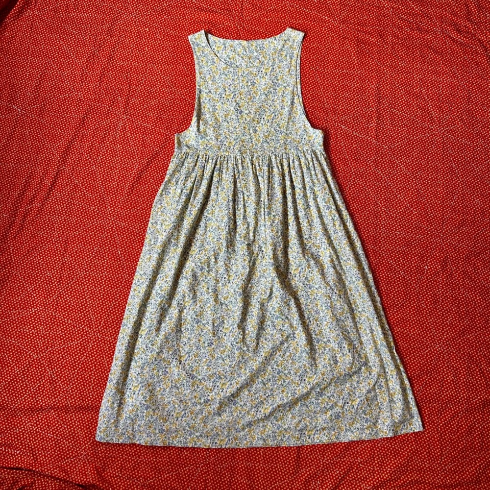 Vintage 70s Floral Sleeveless Babydoll Midi Dress Blue Yellow Ditsy Print